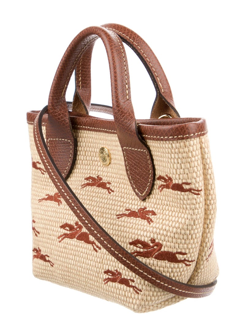 Longchamp Leather Trim Embroidered Raffia Mini Tote w/ Strap