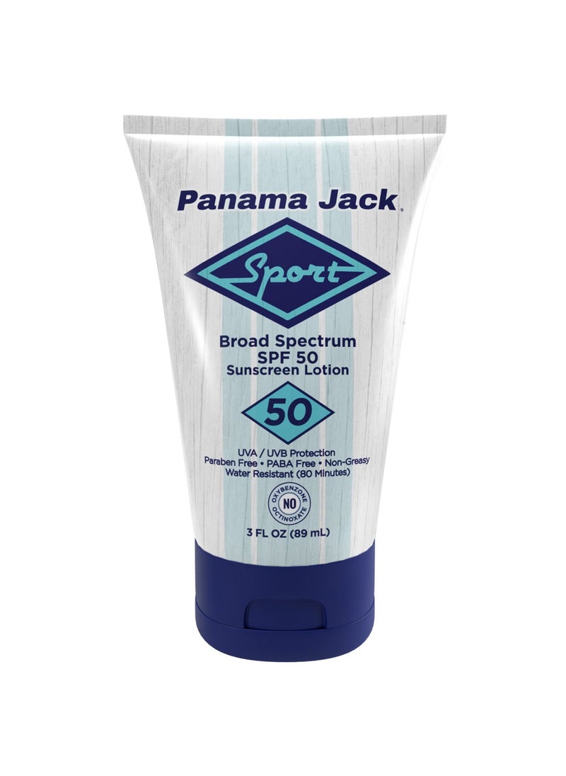 Panama Jack Sport Sunscreen Lotion  SPF 50 Broad Spectrum UVAUVB Protection NonGreasy PABA Paraben Gluten  Cruelty Free 3 FL OZ Pack of 1