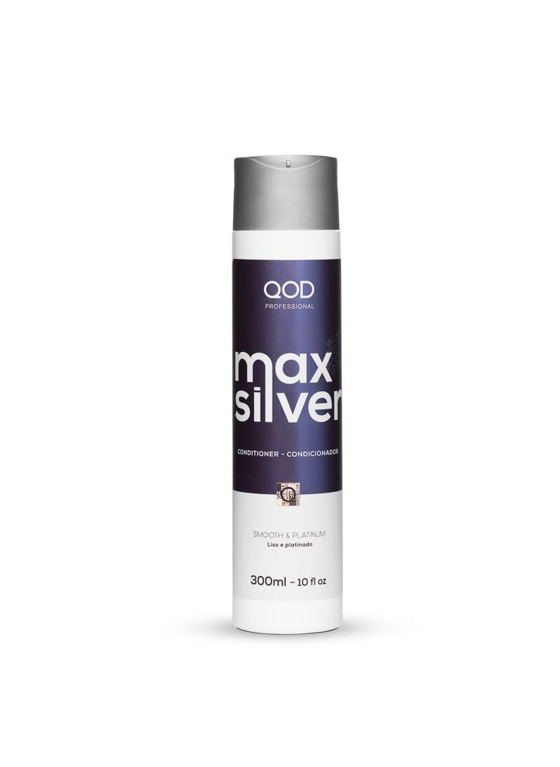 QoD MAX SILVER CONDITIONER 300ML10fl ozFOR BLONDE STREAKED OR GRAY HAIRWITH VIOLET PIGMENTSPROLONG THE SMOOTH EFFECT OF HAIR TREATED WITH HAIR STRAIGHTENING TREATMENT