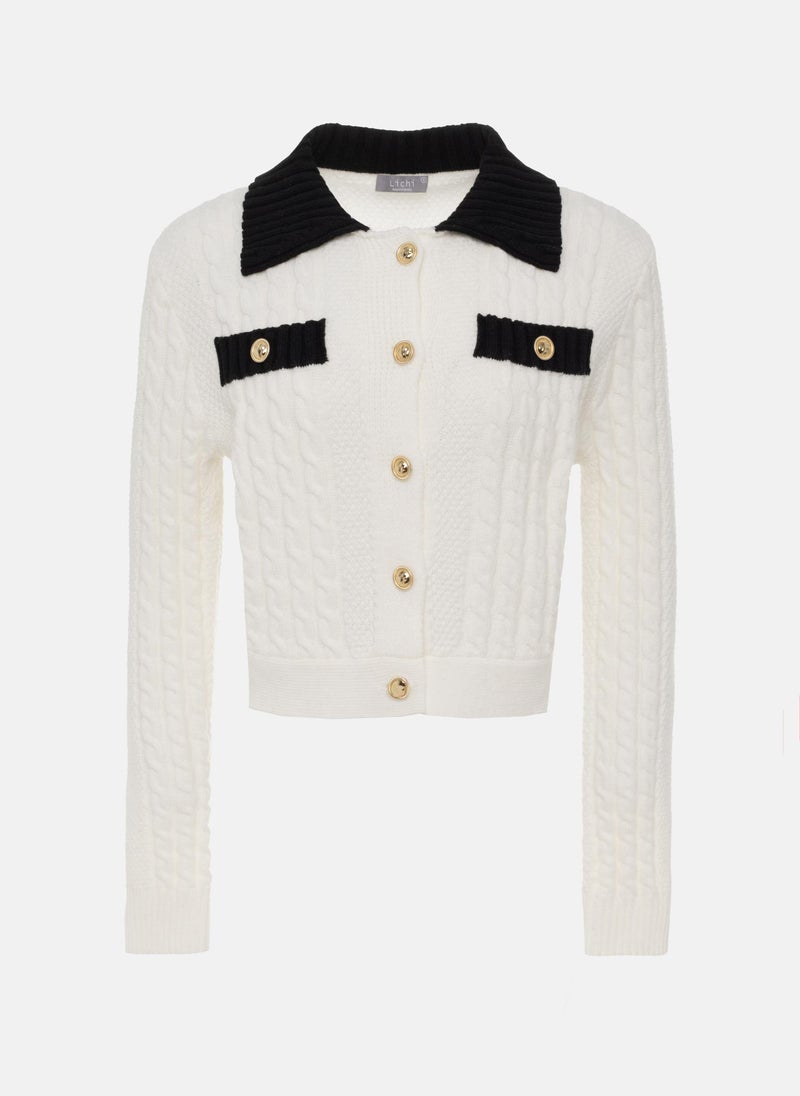 Cable knit cardigan with contrasting details
