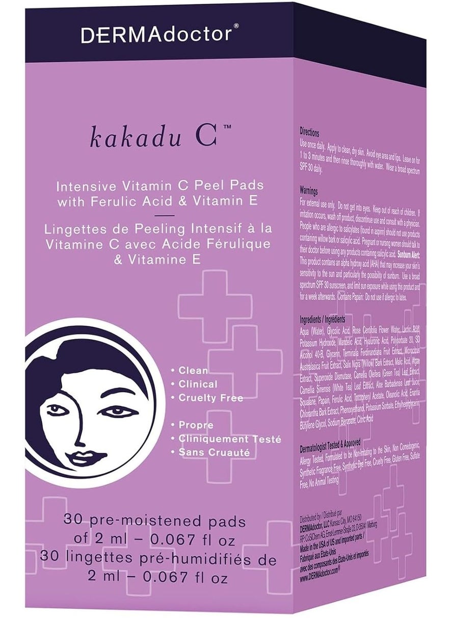 DERMAdoctor Kakadu C Dermatologist Formulated Vitamin C Face Peel Pad with AHA  BHA Exfoliating Pads Chemical Peel for Face At Home Brighten Tighten and Resurface  30 count