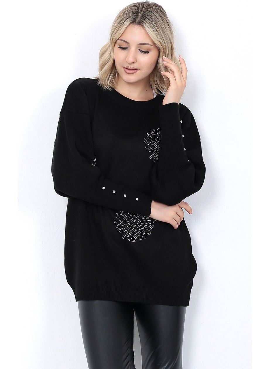 Women's Knitwear Sweater Crew Neck Leaf Patterned Stoned Sleeve Oversize Black