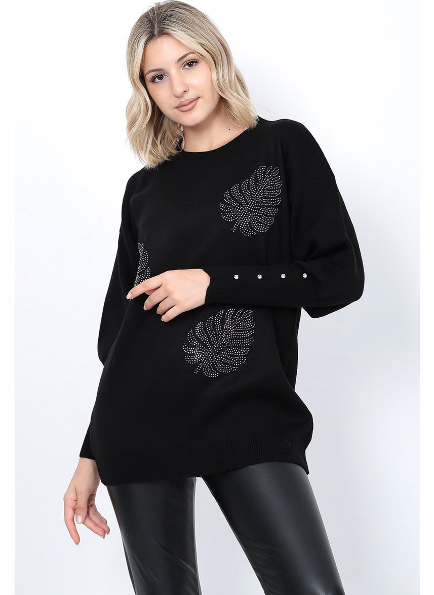 Women's Knitwear Sweater Crew Neck Leaf Patterned Stoned Sleeve Oversize Black