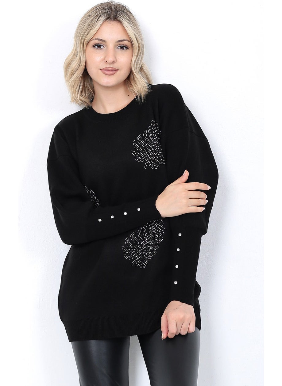 Women's Knitwear Sweater Crew Neck Leaf Patterned Stoned Sleeve Oversize Black
