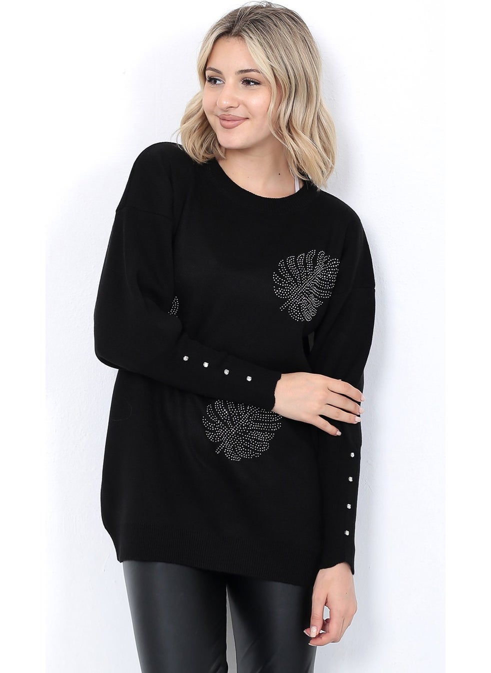 Women's Knitwear Sweater Crew Neck Leaf Patterned Stoned Sleeve Oversize Black