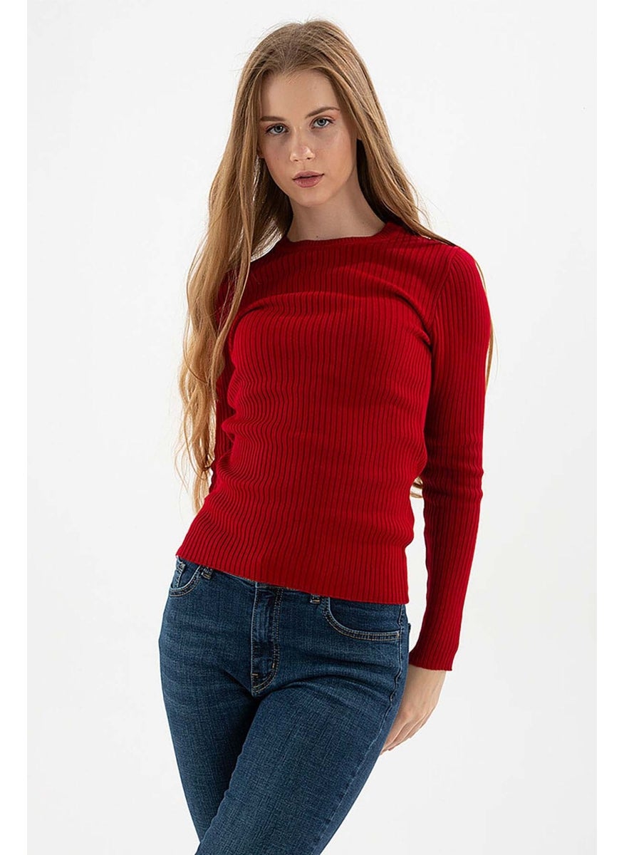 Women's Ribbed Crew Neck Sweater 23K0290K1 Claret Red