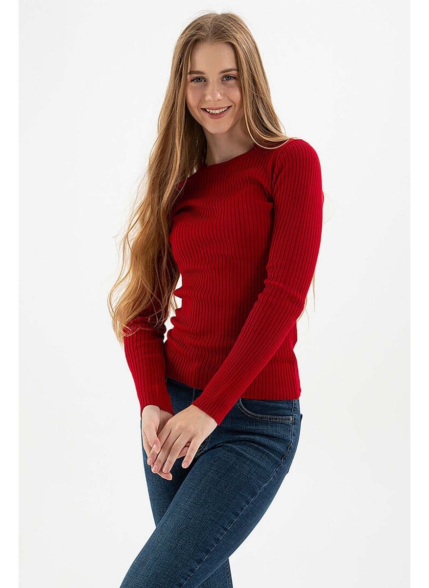 Women's Ribbed Crew Neck Sweater 23K0290K1 Claret Red