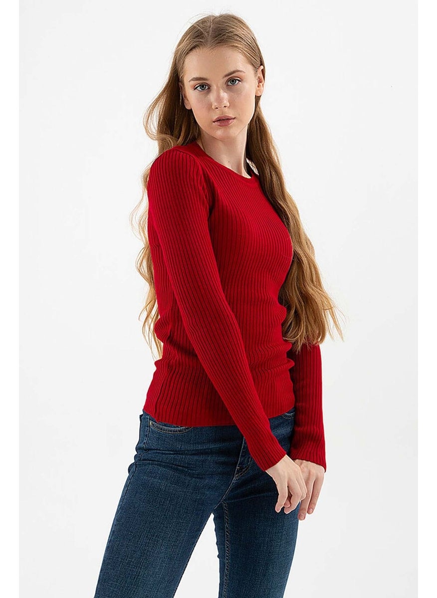Women's Ribbed Crew Neck Sweater 23K0290K1 Claret Red