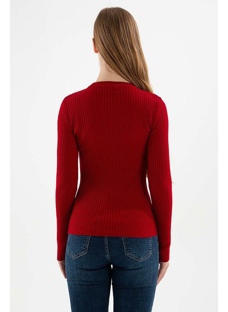 Women's Ribbed Crew Neck Sweater 23K0290K1 Claret Red