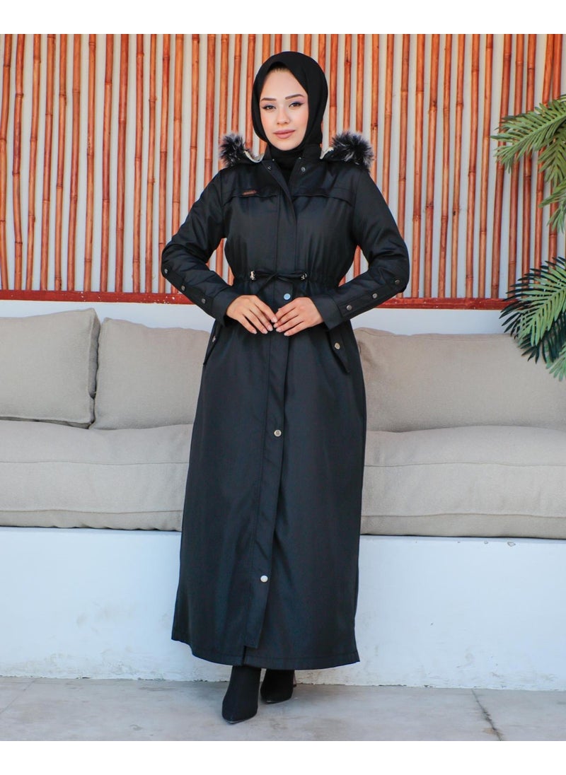 KMK Combination Kmkkombin Women's Long Bondit Fabric Double Pocket Fur Inside Hijab Coat Özaltay