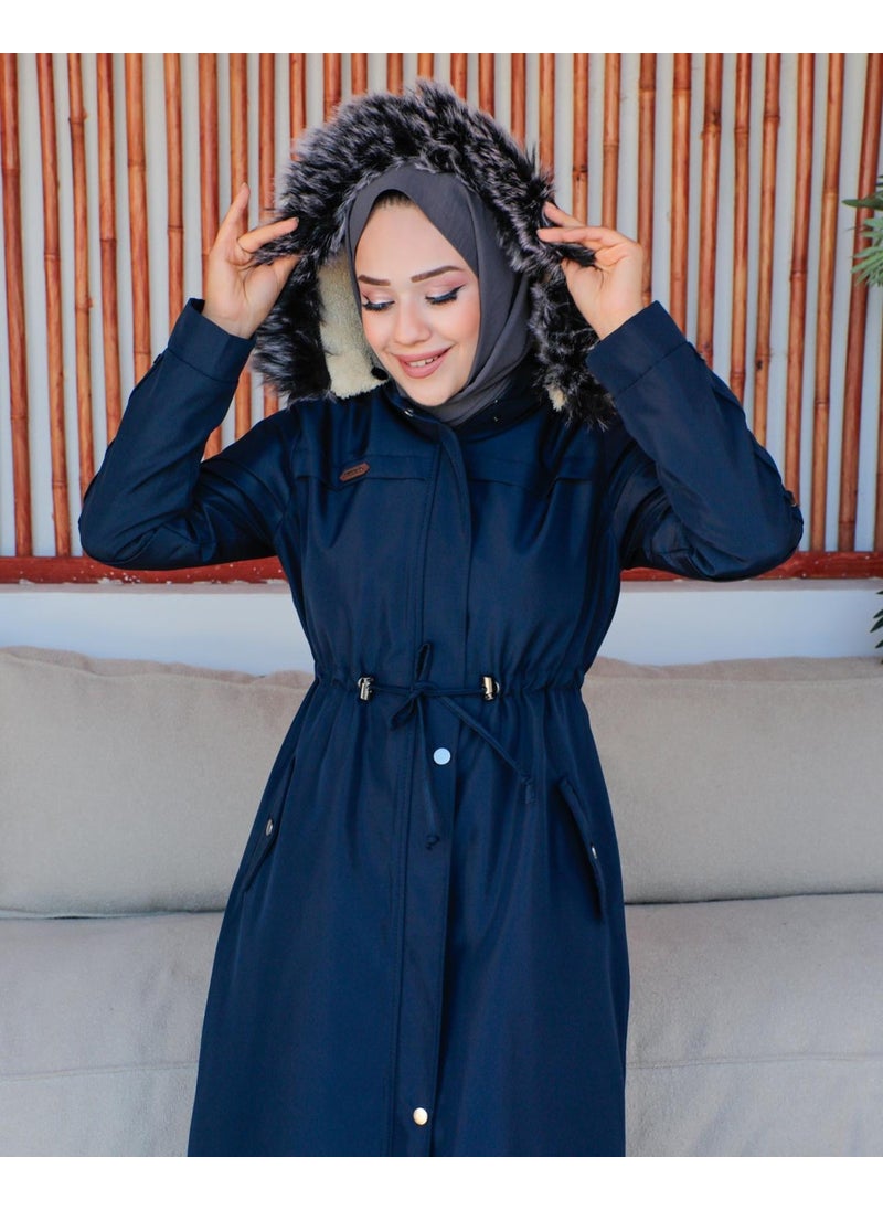 KMK Combination Kmkkombin Women's Long Bondit Fabric Double Pocket Fur Inside Hijab Coat Özaltay