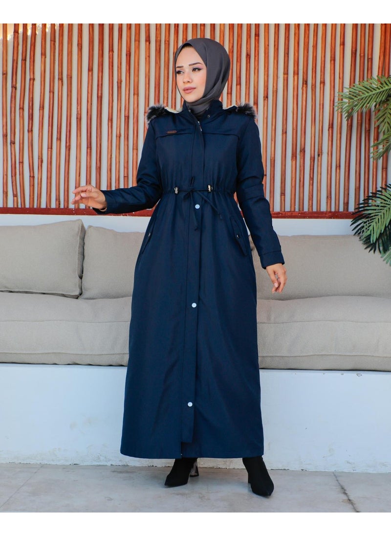 KMK Combination Kmkkombin Women's Long Bondit Fabric Double Pocket Fur Inside Hijab Coat Özaltay