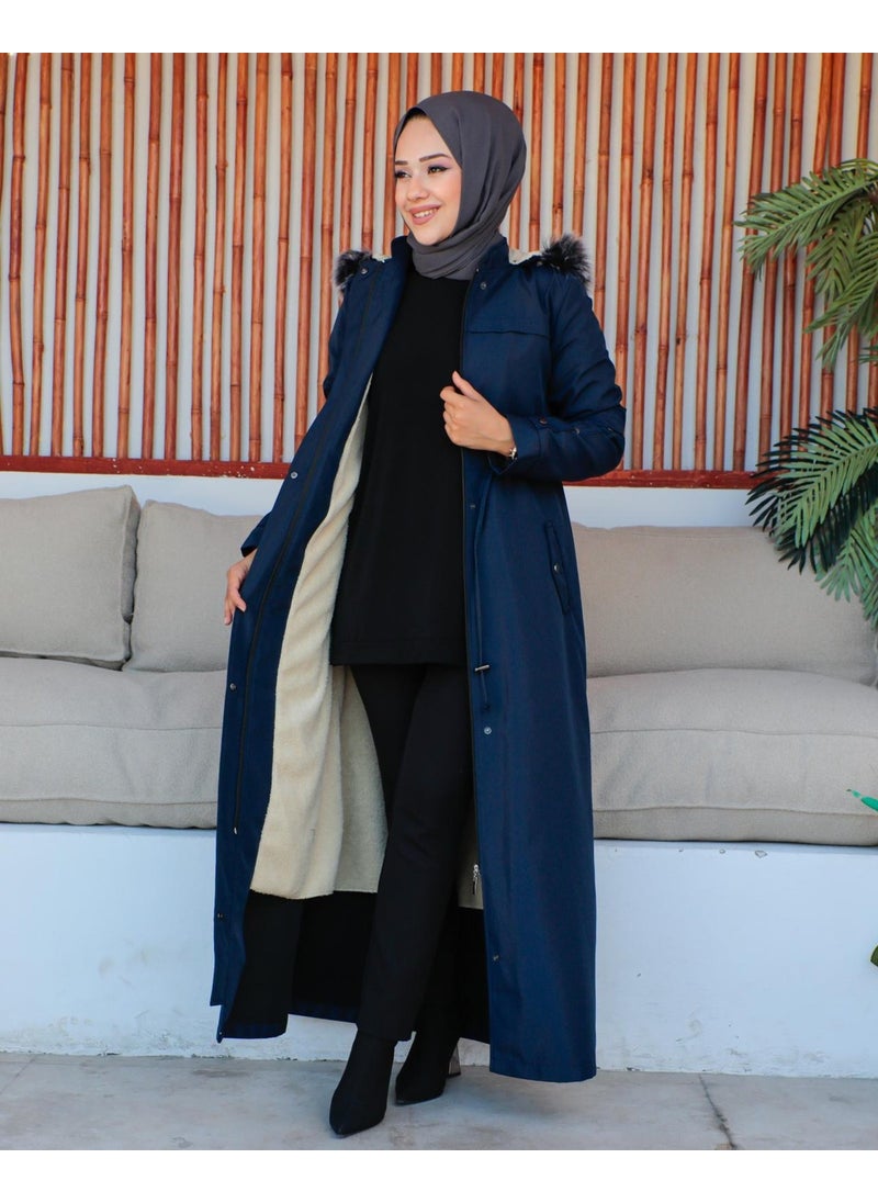 KMK Combination Kmkkombin Women's Long Bondit Fabric Double Pocket Fur Inside Hijab Coat Özaltay