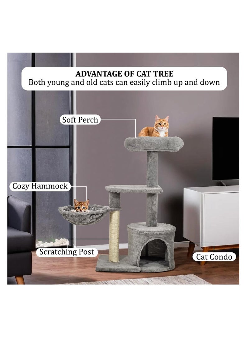 Cat tree activity center with Padded perch, Cozy hammock, Sisal scratching post, and Spacious cat condo, Durable cat climbing tower for indoor cats, Easy to assemble 84 cm (Grey)