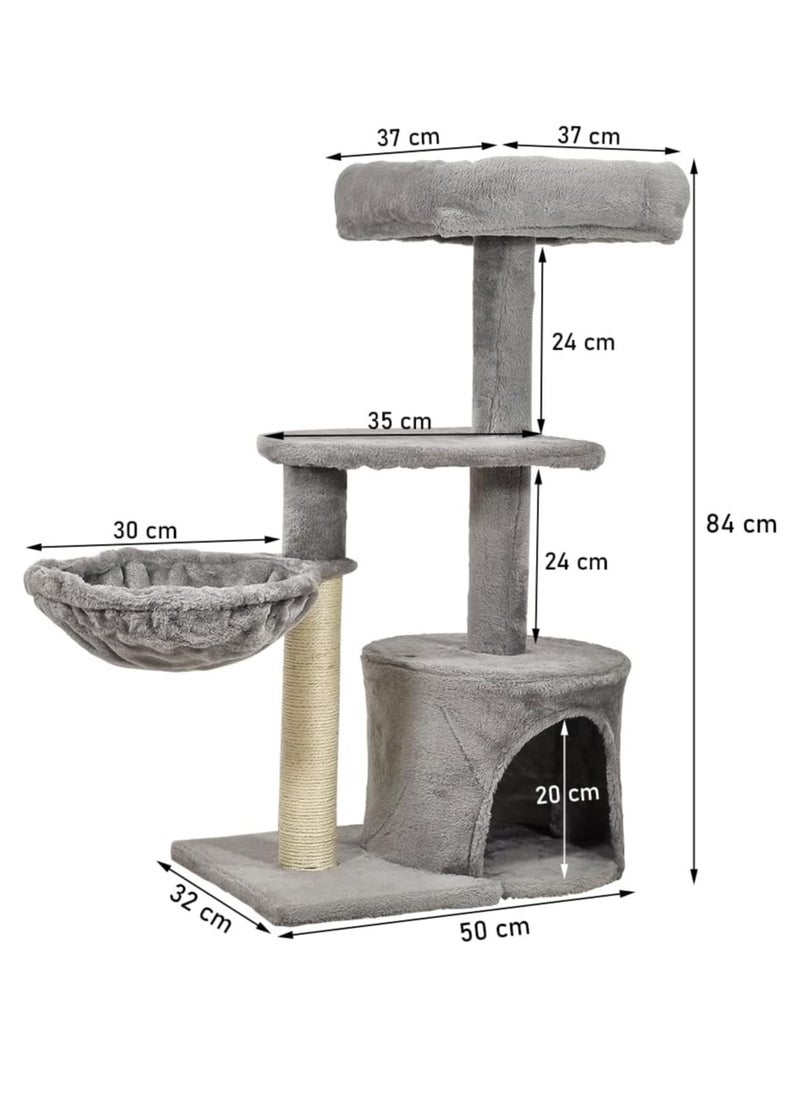 Cat tree activity center with Padded perch, Cozy hammock, Sisal scratching post, and Spacious cat condo, Durable cat climbing tower for indoor cats, Easy to assemble 84 cm (Grey)
