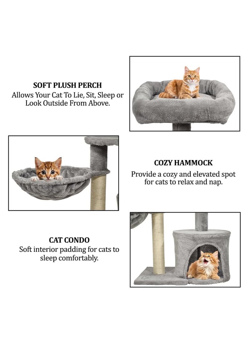 Cat tree activity center with Padded perch, Cozy hammock, Sisal scratching post, and Spacious cat condo, Durable cat climbing tower for indoor cats, Easy to assemble 84 cm (Grey)