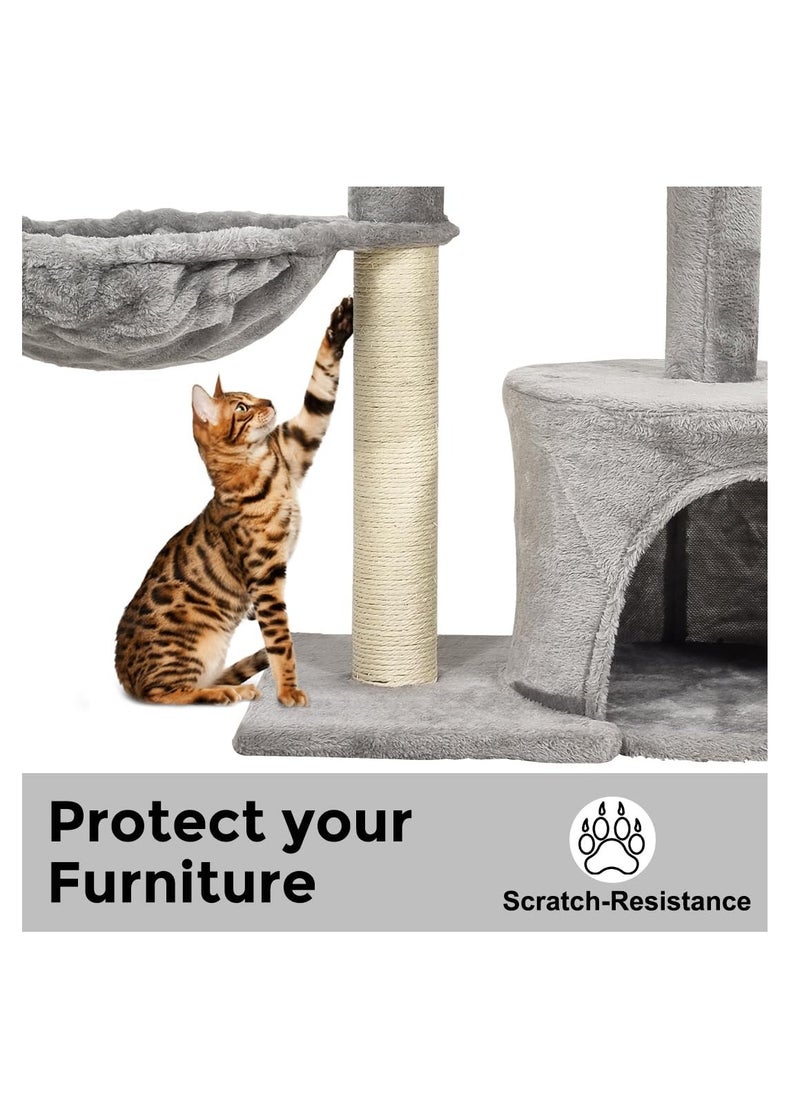 Cat tree activity center with Padded perch, Cozy hammock, Sisal scratching post, and Spacious cat condo, Durable cat climbing tower for indoor cats, Easy to assemble 84 cm (Grey)