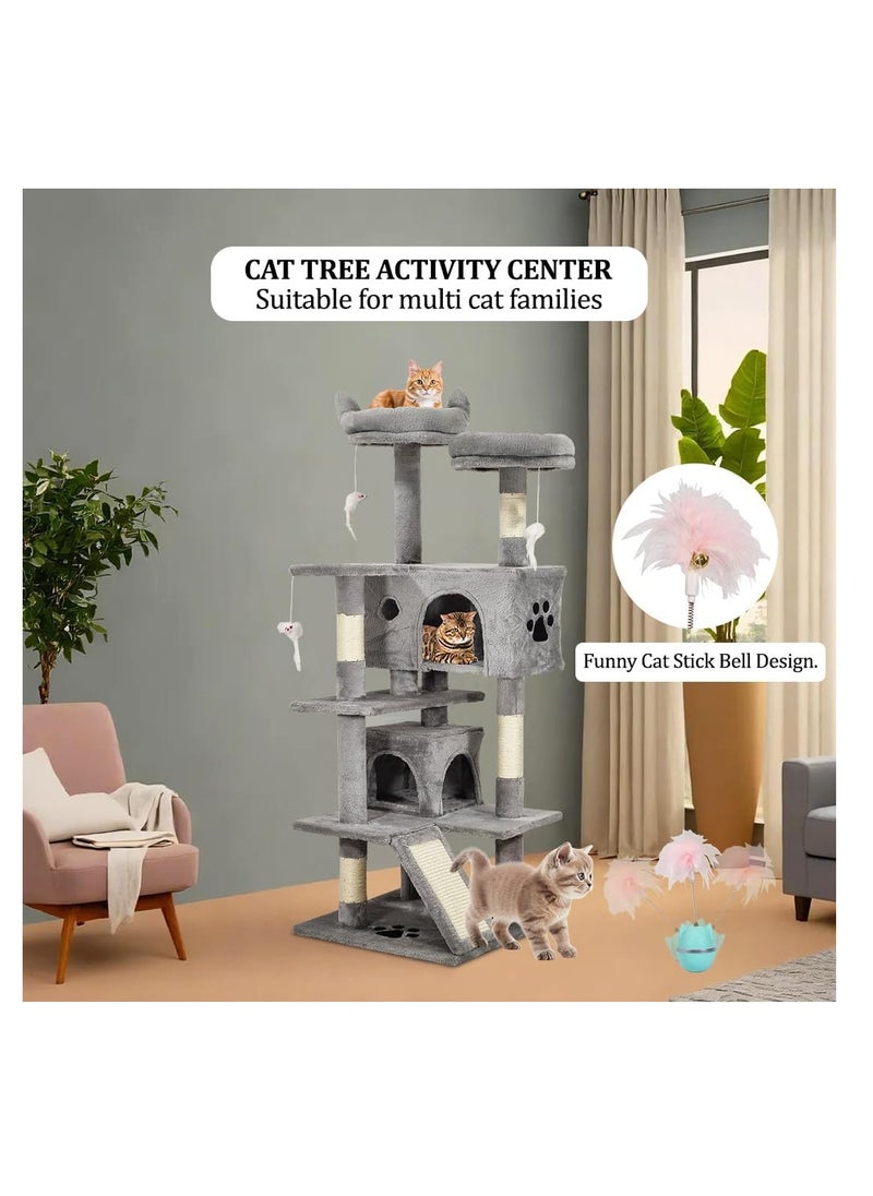 Cat tree activity center for indoor cats, Multi-level cat tree tower with Roly poly cat toy, Plush perches, Dangling toys, Scratching post, and Cozy cat condos, Durable & Easy assembly 140 cm (Grey)