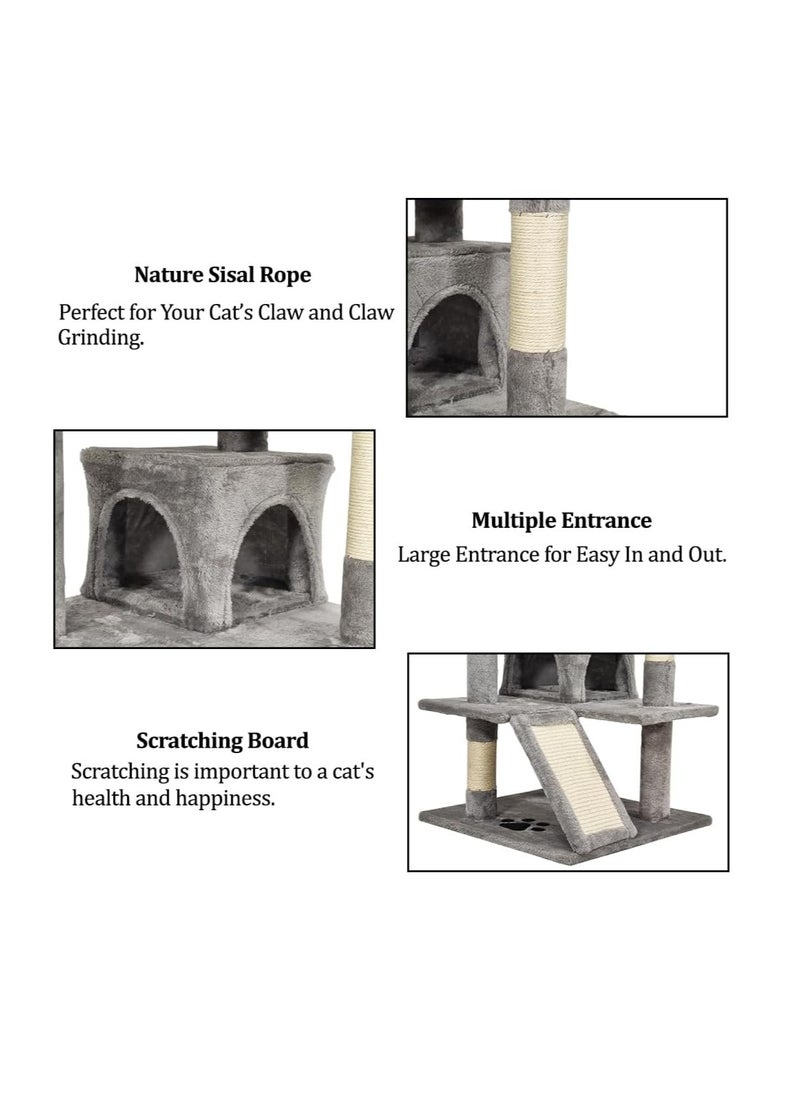 Cat tree activity center for indoor cats, Multi-level cat tree tower with Roly poly cat toy, Plush perches, Dangling toys, Scratching post, and Cozy cat condos, Durable & Easy assembly 140 cm (Grey)