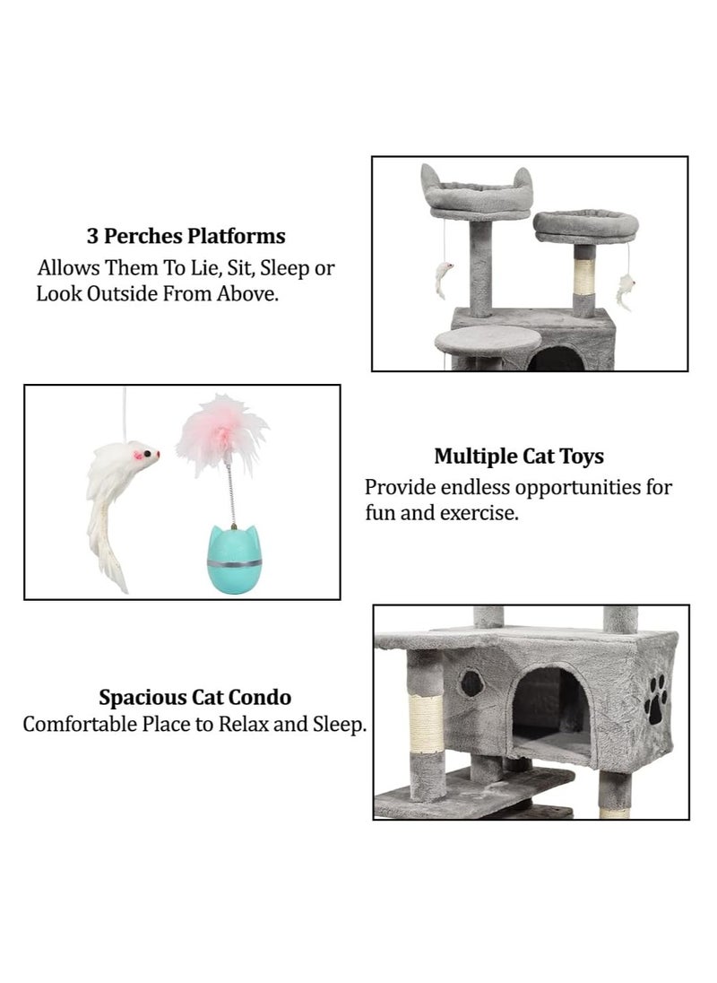 Cat tree activity center for indoor cats, Multi-level cat tree tower with Roly poly cat toy, Plush perches, Dangling toys, Scratching post, and Cozy cat condos, Durable & Easy assembly 140 cm (Grey)