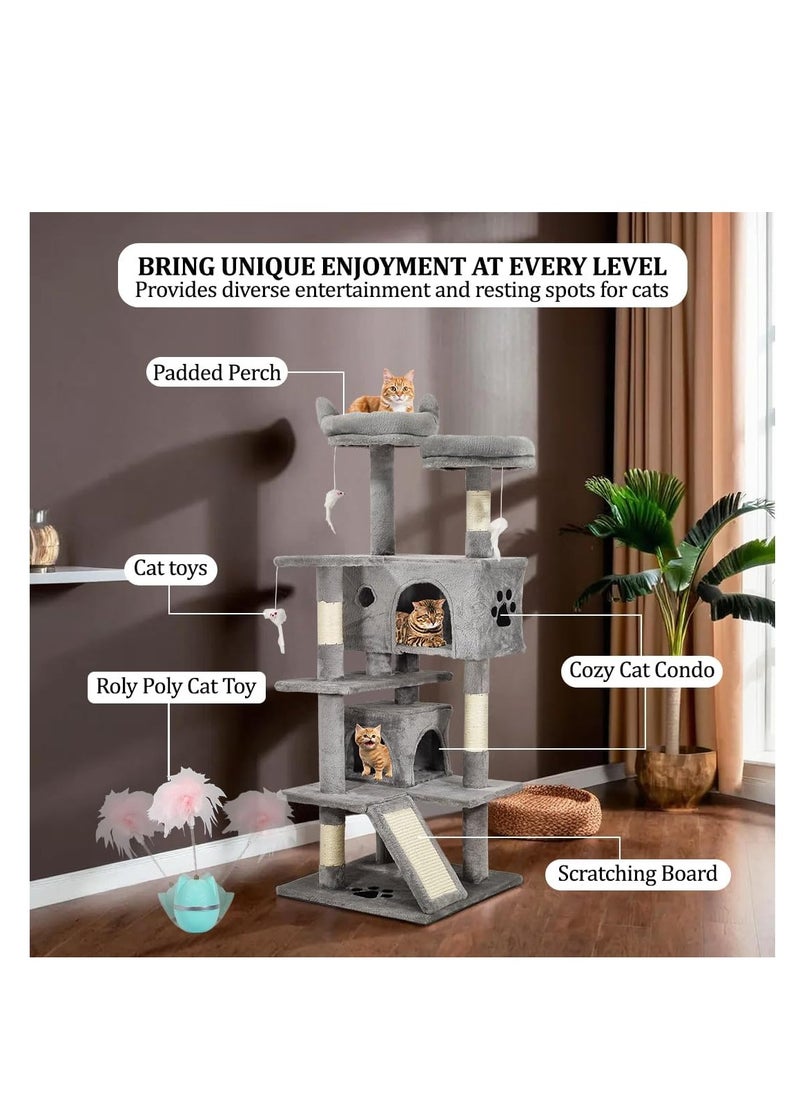 Cat tree activity center for indoor cats, Multi-level cat tree tower with Roly poly cat toy, Plush perches, Dangling toys, Scratching post, and Cozy cat condos, Durable & Easy assembly 140 cm (Grey)
