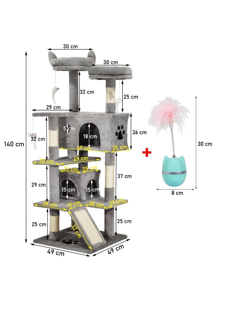 Cat tree activity center for indoor cats, Multi-level cat tree tower with Roly poly cat toy, Plush perches, Dangling toys, Scratching post, and Cozy cat condos, Durable & Easy assembly 140 cm (Grey)