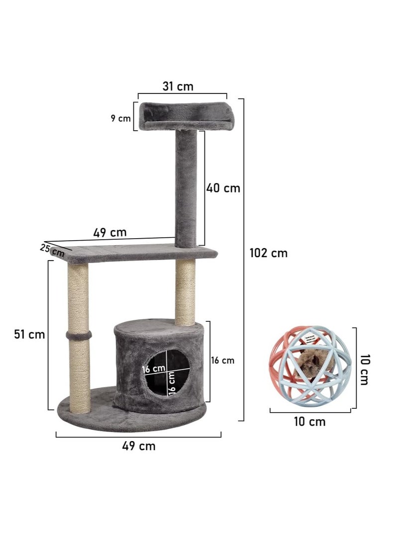 Cat tree activity center for indoor cats, Durable cat tree with Interactive cat toy, Top perch, Sisal scratching post, and Cozy cat condo, Multi-functional feline tower, Easy assembly 102 cm (Grey)