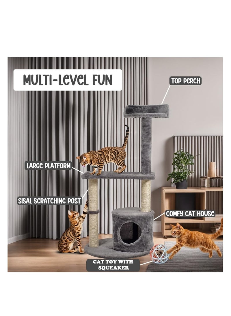 Cat tree activity center for indoor cats, Durable cat tree with Interactive cat toy, Top perch, Sisal scratching post, and Cozy cat condo, Multi-functional feline tower, Easy assembly 102 cm (Grey)