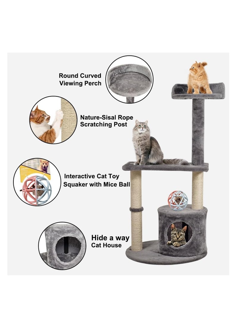Cat tree activity center for indoor cats, Durable cat tree with Interactive cat toy, Top perch, Sisal scratching post, and Cozy cat condo, Multi-functional feline tower, Easy assembly 102 cm (Grey)