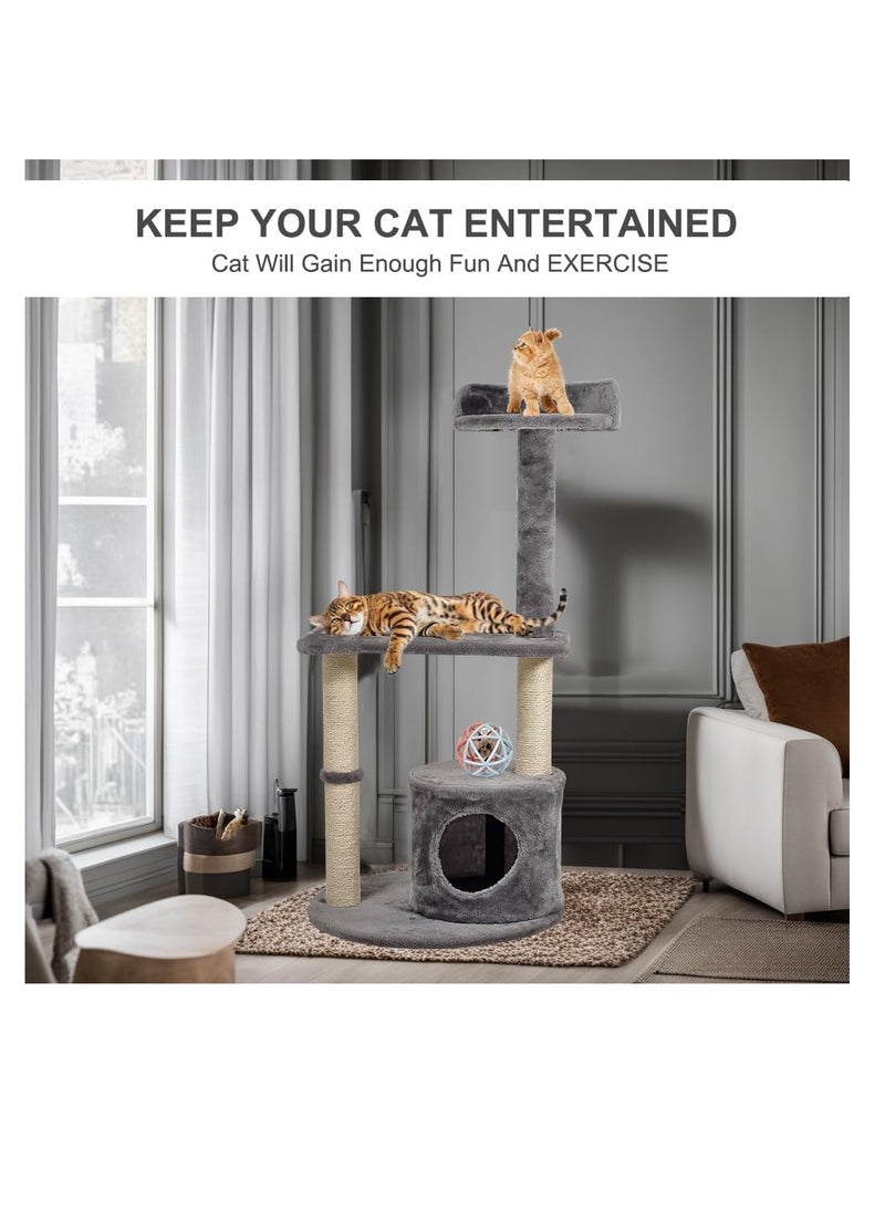 Cat tree activity center for indoor cats, Durable cat tree with Interactive cat toy, Top perch, Sisal scratching post, and Cozy cat condo, Multi-functional feline tower, Easy assembly 102 cm (Grey)