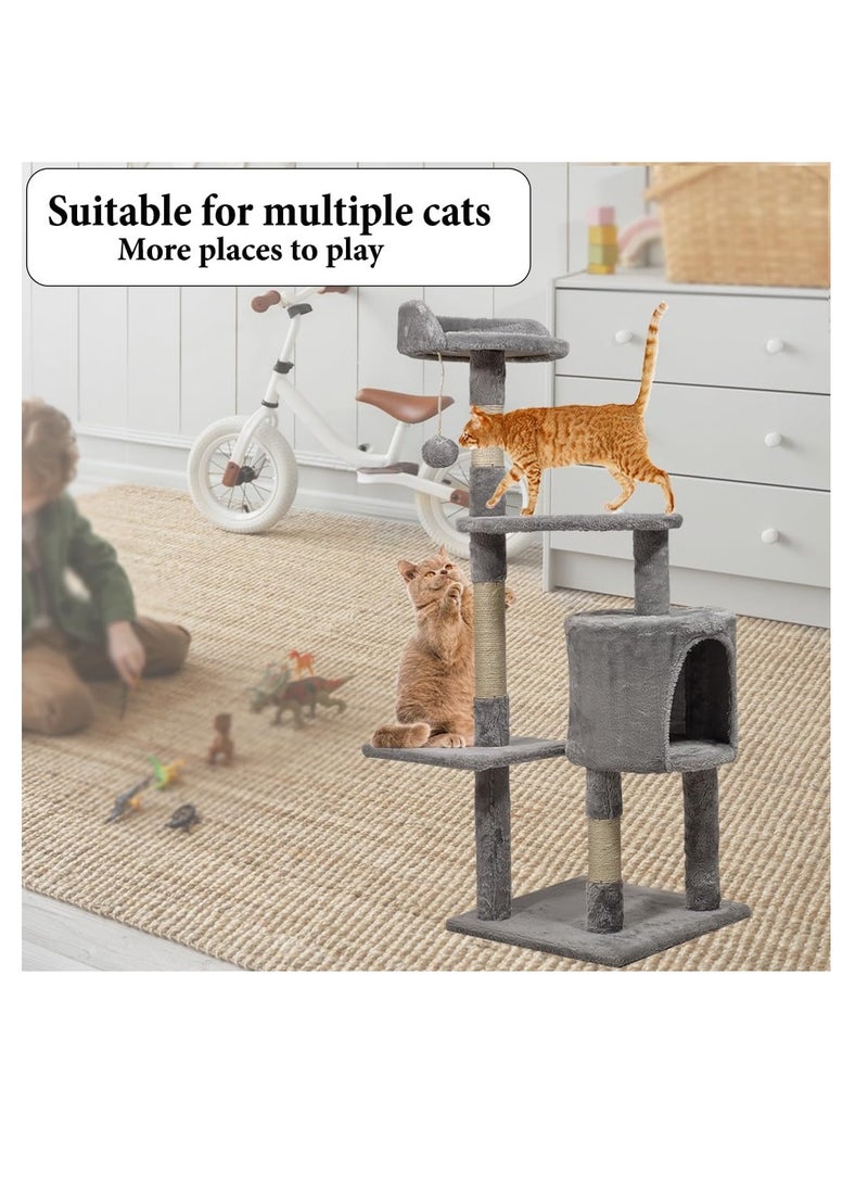 Cat tree activity center with Curved perch, Dangling ball, Sisal scratching post, and Cozy cat condo, Multi-level cat tree tower for Indoor cats, Easy to assemble 112 cm (Grey)