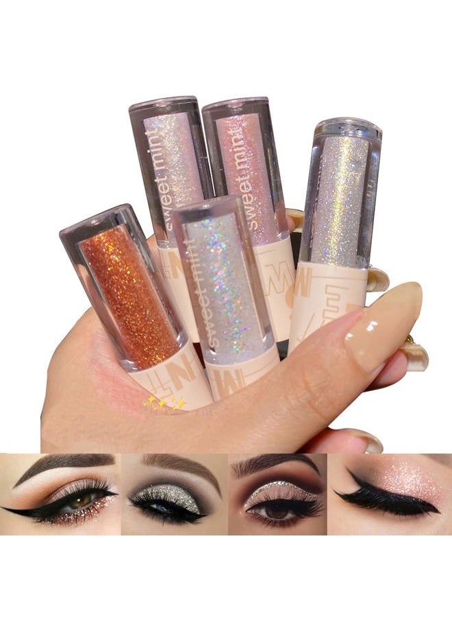 5pcs Liquid Glitter Eyeshadow set- Sparkling Metallic High Pigmented Glitter Eye Shadow Korean Crystals Makeup, Quick Drying Long Lasting Creates High-Impact Multi Dimensional Eye Looks