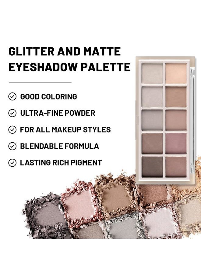 10-Color Neutral Taupe Matte Eyeshadow Palette - High Pigmented Nude Brown & Smokey Grey Shades