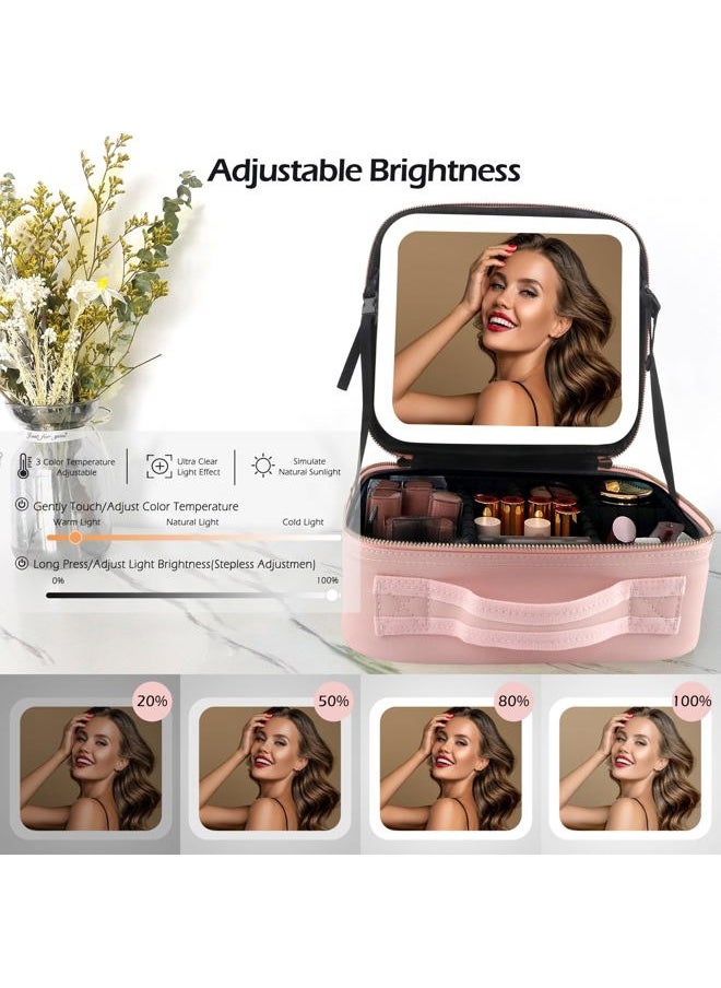 Makeup Train Case with Light & Mirror Large Cosmetic Organizer with Adjustable Dividers for Cosmetics,10X Magnifying Makeup Mirror,Pink
