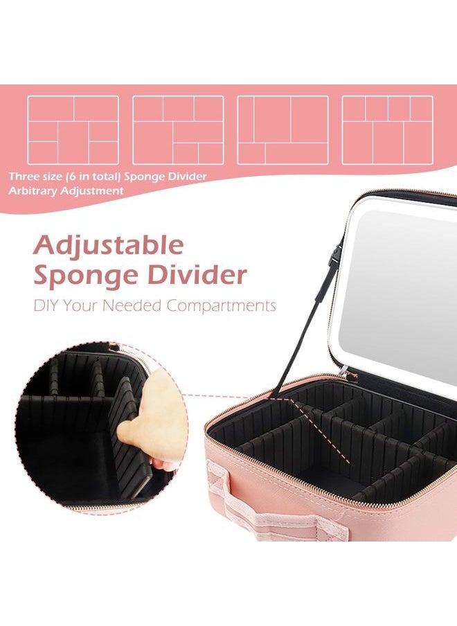 Makeup Train Case with Light & Mirror Large Cosmetic Organizer with Adjustable Dividers for Cosmetics,10X Magnifying Makeup Mirror,Pink