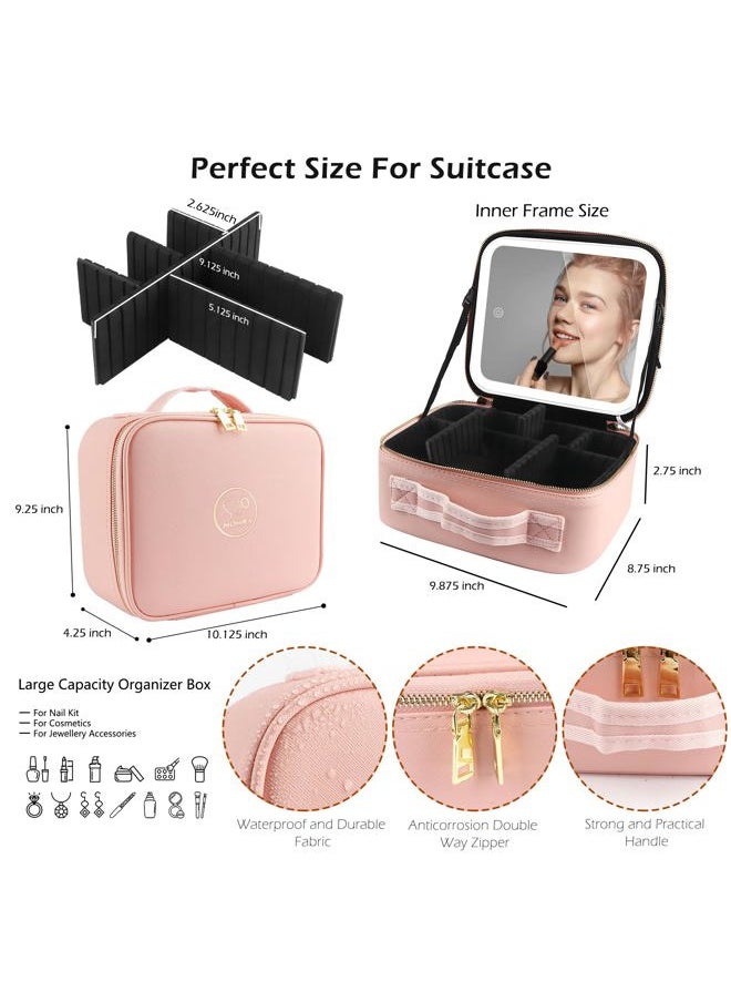 Makeup Train Case with Light & Mirror Large Cosmetic Organizer with Adjustable Dividers for Cosmetics,10X Magnifying Makeup Mirror,Pink