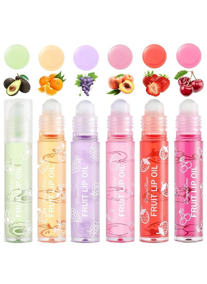 6PCS Fruity Flavors Rolling Ball Lip Oil Set, Long Lasting Moisturizing Lip Balm, Roll-On Lip Gloss Set, Glossy Lip Make-up for All Age, Transparent Lip Gloss for Dry and Chapped Lips