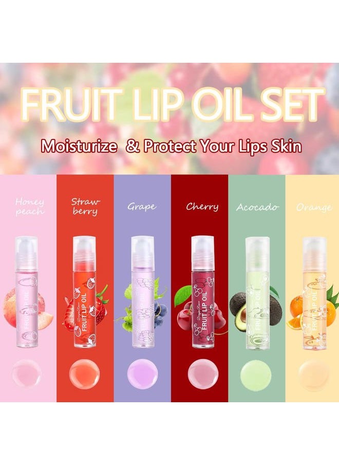 6PCS Fruity Flavors Rolling Ball Lip Oil Set, Long Lasting Moisturizing Lip Balm, Roll-On Lip Gloss Set, Glossy Lip Make-up for All Age, Transparent Lip Gloss for Dry and Chapped Lips
