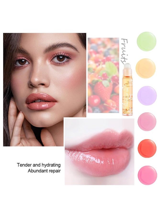 6PCS Fruity Flavors Rolling Ball Lip Oil Set, Long Lasting Moisturizing Lip Balm, Roll-On Lip Gloss Set, Glossy Lip Make-up for All Age, Transparent Lip Gloss for Dry and Chapped Lips