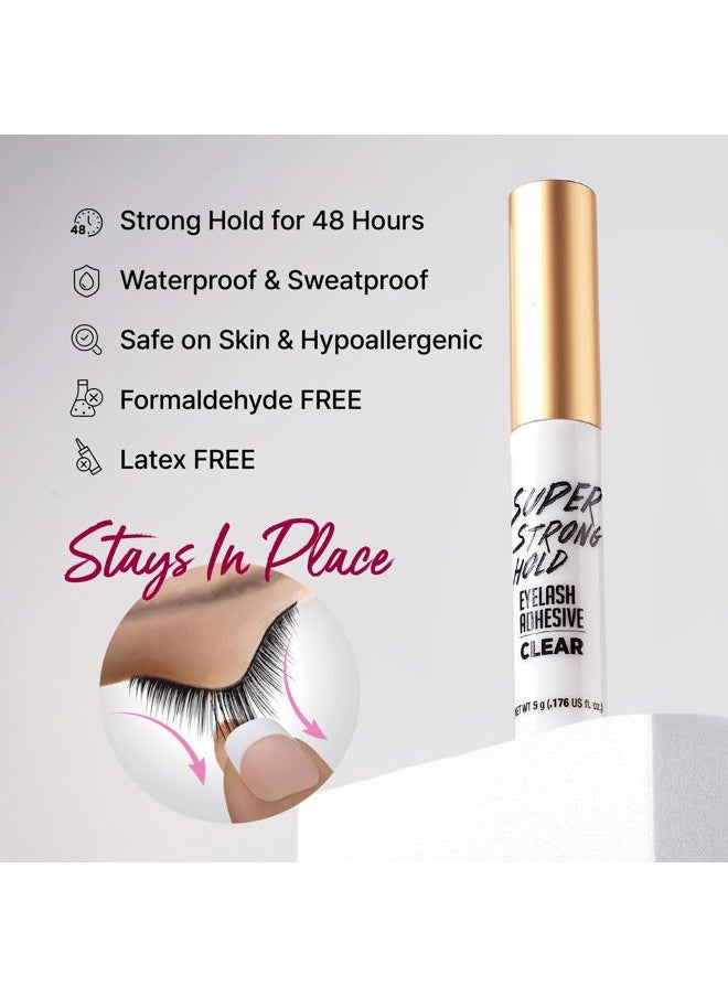 Super Strong Hold Eyelash Adhesive, Waterproof, 48-Hour Long-Lasting Lash Glue, Latex-Free, Hypoallergenic, Quick-Drying with Brush-On Applicator for Strip Lashes (Clear, 1 Pack)