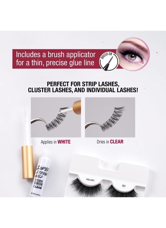 Super Strong Hold Eyelash Adhesive, Waterproof, 48-Hour Long-Lasting Lash Glue, Latex-Free, Hypoallergenic, Quick-Drying with Brush-On Applicator for Strip Lashes (Clear, 1 Pack)