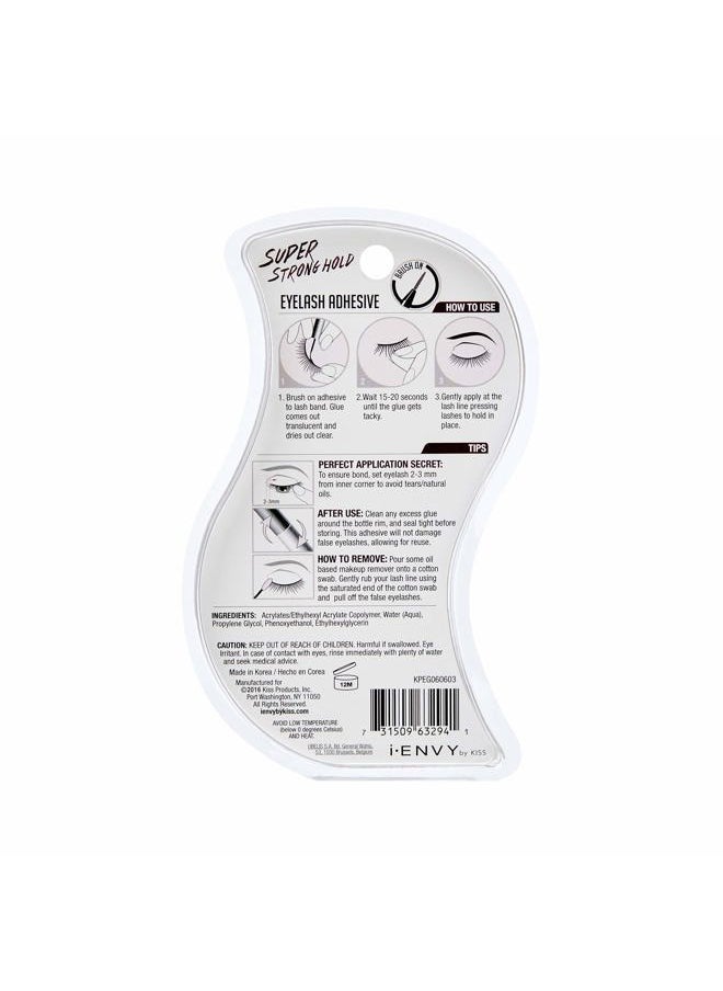 Super Strong Hold Eyelash Adhesive, Waterproof, 48-Hour Long-Lasting Lash Glue, Latex-Free, Hypoallergenic, Quick-Drying with Brush-On Applicator for Strip Lashes (Clear, 1 Pack)