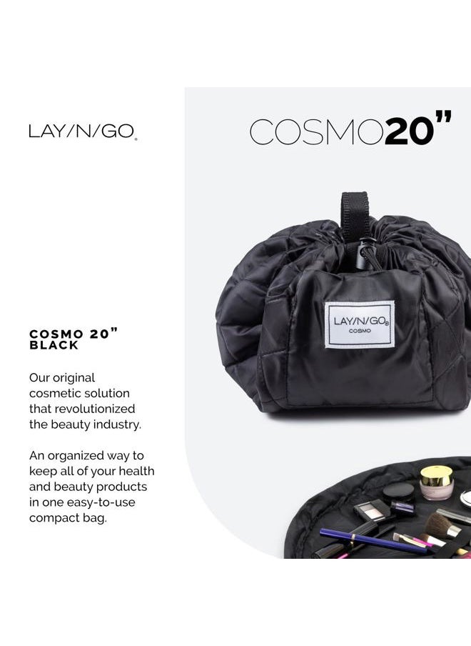 Cosmo Drawstring Cosmetic & Makeup Bag Organizer - Portable Drawstring Bag w/Zipper Pocket, Makeup Loops & More - Durable, Machine Washable Makeup Bag for Travel (20”, Black)