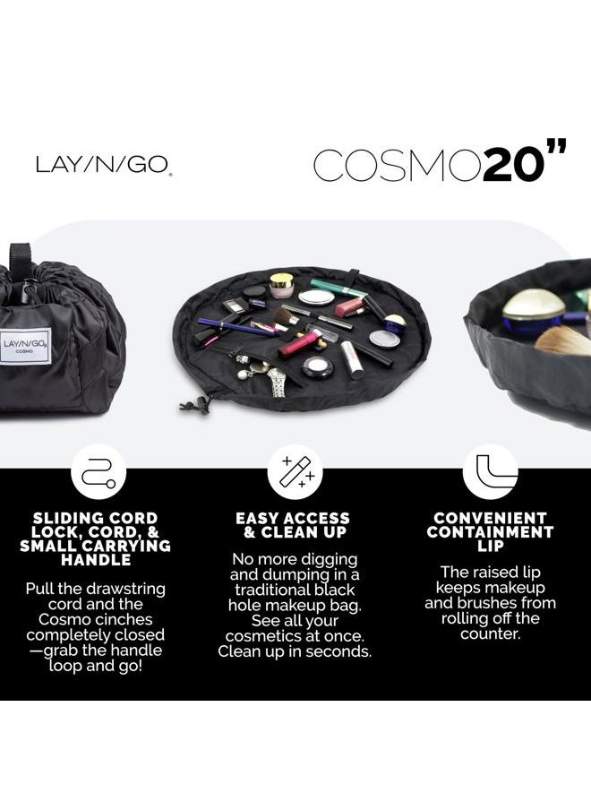 Cosmo Drawstring Cosmetic & Makeup Bag Organizer - Portable Drawstring Bag w/Zipper Pocket, Makeup Loops & More - Durable, Machine Washable Makeup Bag for Travel (20”, Black)