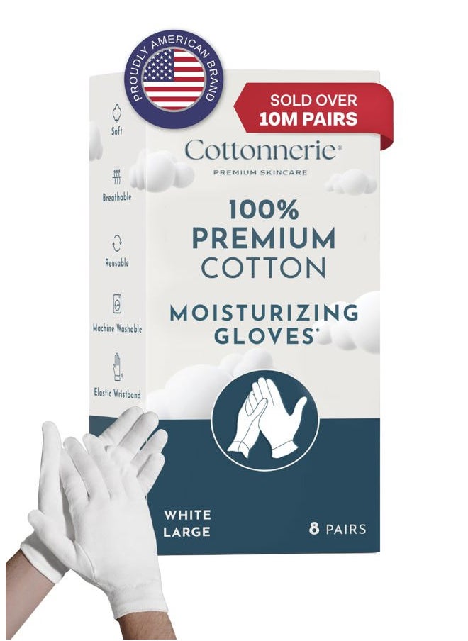 Cottonnerie Cotton Gloves for Dry Hands Sleeping, Overnight Moisturizing and Sleeping Gloves, Moisture Gloves for Dry Hands Overnight, Hand Care for Eczema, Large, 8 Pairs