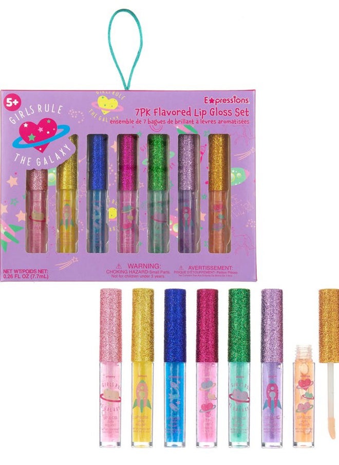 7pc Girls Rule The Galaxy Lip Gloss Collection For Girls Teens & Women, Flavored Lip Gloss Glitter Lip Kit Party Favors