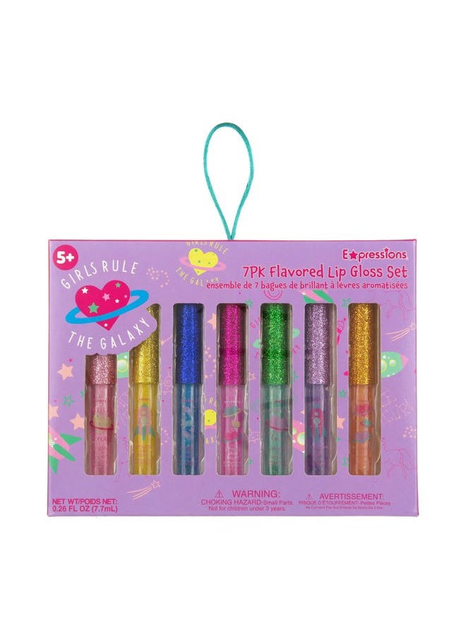 7pc Girls Rule The Galaxy Lip Gloss Collection For Girls Teens & Women, Flavored Lip Gloss Glitter Lip Kit Party Favors