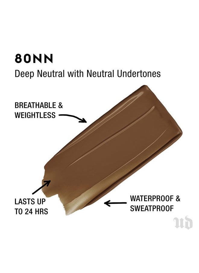 Urban Decay Stay Naked Weightless Liquid Foundation (80NN - Deep Neutral - Neutral Undertone), Waterproof Face Makeup, Buildable Medium Coverage with No Caking, Real-Skin Matte Finish - 1 fl oz