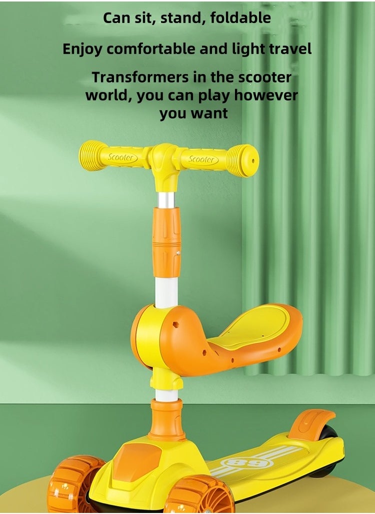 Children's Scooter Foldable Installation Toddler Scooter Suitable for 1-6 years old Height-adjustable foldable three-wheel scooter + music + marquee, suitable for boys and girls to sit and ride scooter toys (yellow)
