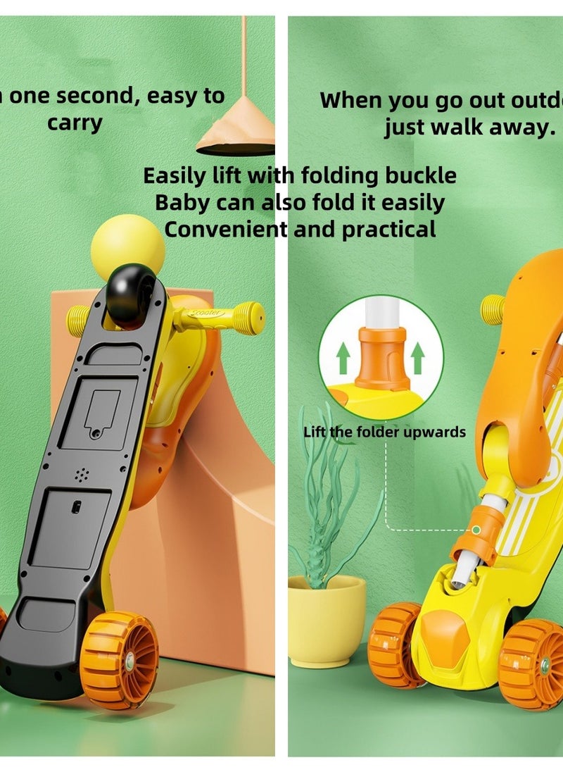 Children's Scooter Foldable Installation Toddler Scooter Suitable for 1-6 years old Height-adjustable foldable three-wheel scooter + music + marquee, suitable for boys and girls to sit and ride scooter toys (yellow)